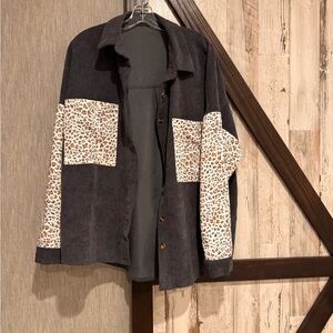 SHEIN Black and Leopard Print Corduroy Shirt